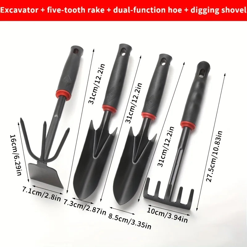 Gardening Tools Including a Small Shovel for Planting Flowers, a Five-Pronged Rake, a Double-Headed Rake