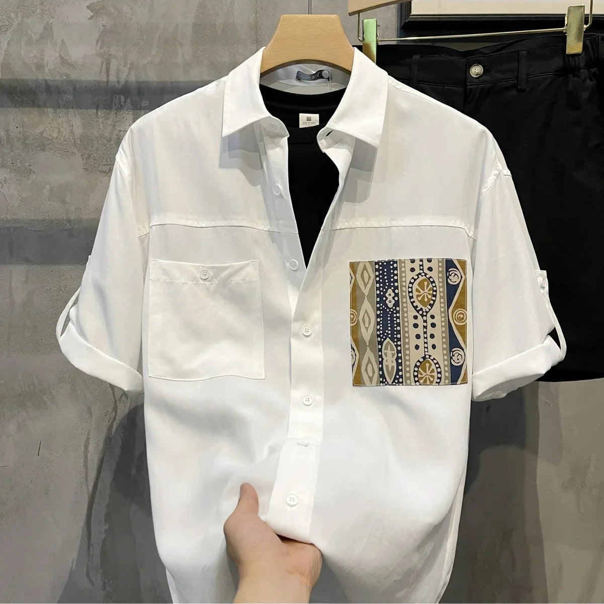 Short Sleeve With Pocket Male Shirts Button Up Print Loose Men's Shirt Fashion 2025 Summer Vintage Tops High Quality Clothing