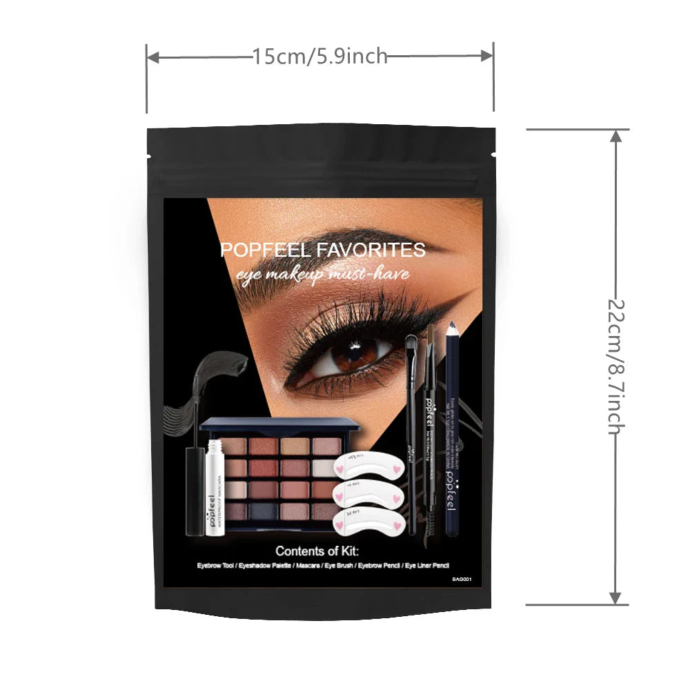 POPFEEL 6-Piece Eye Makeup Set-with 16 Color Eyeshadow Palette, Mascara, Eyebrow Pencil, Eyeliner, Brush,and Eyebrow Stencils .