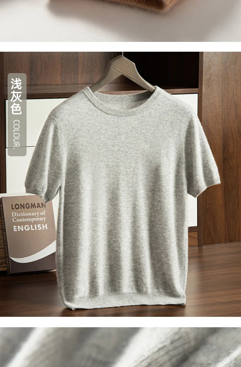 Men's T-shirt spring/Summer New Item 100% Cashmere Short Sleeved Men's Round Neck Knitted Pullover Vest Casual Men's Clothing