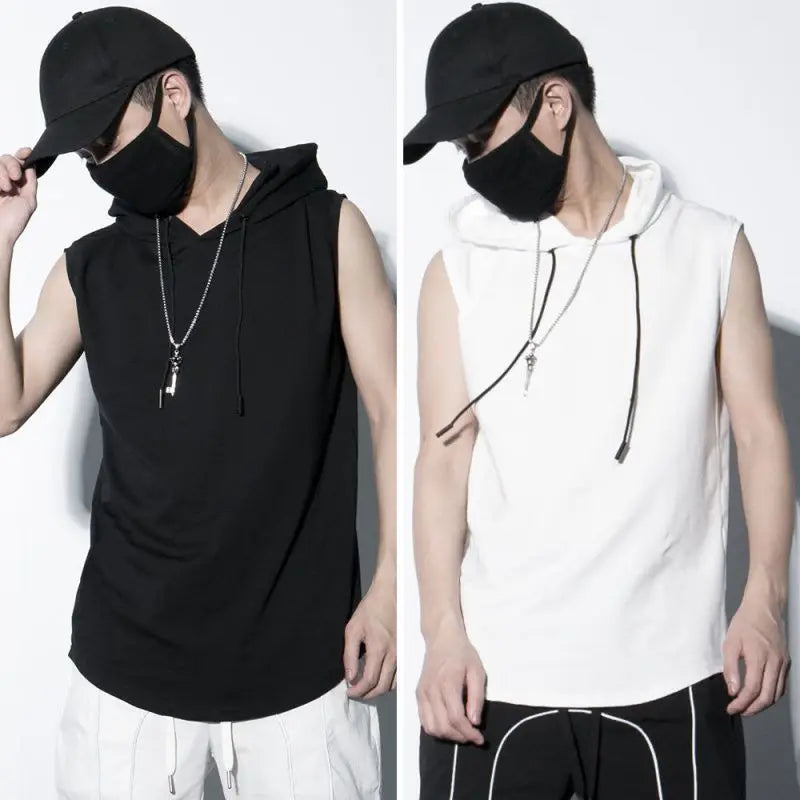 Summer men's sleeveless hooded vest, casual style solid color versatile T-shirt