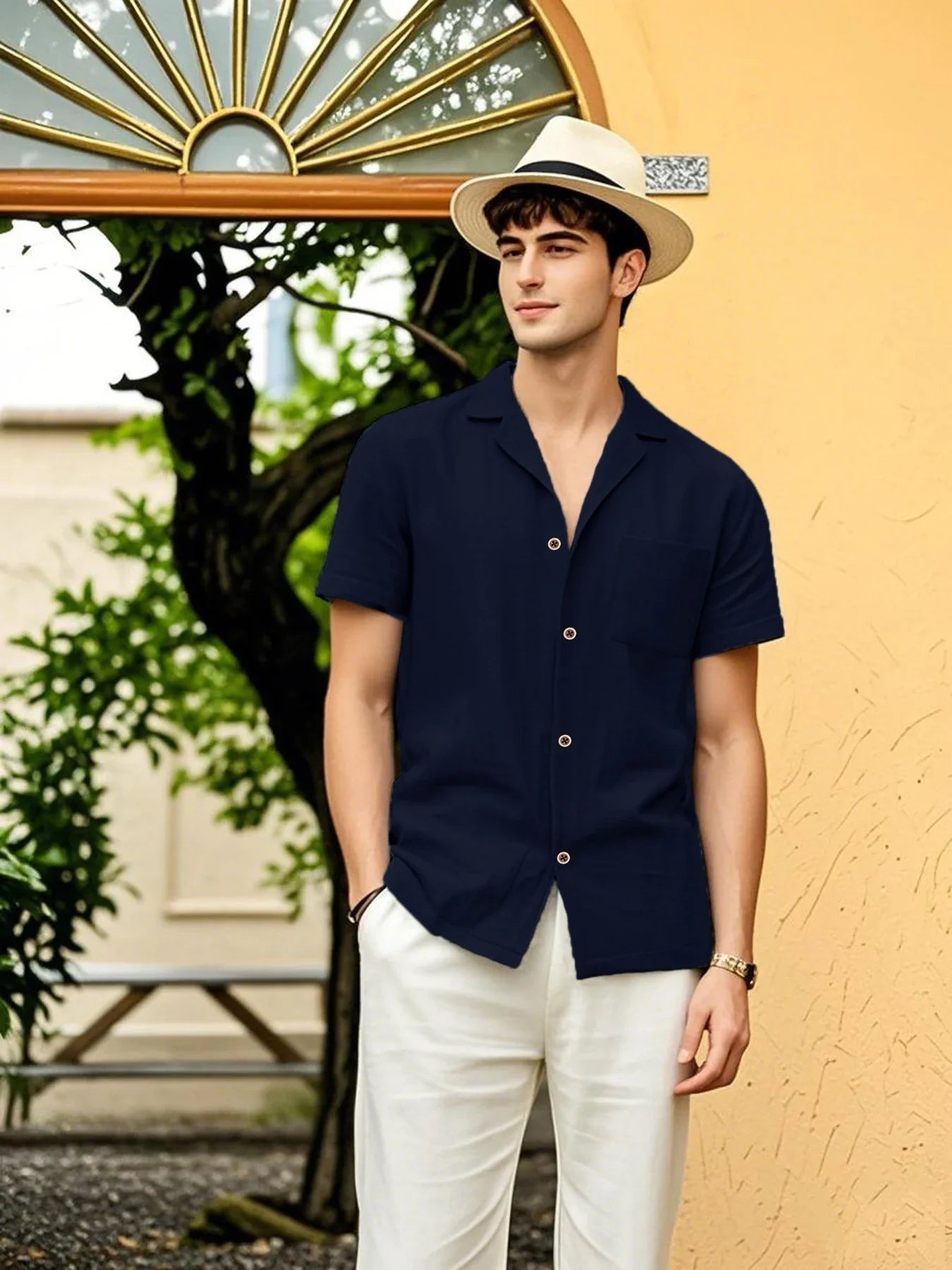 2025 Men's Short-Sleeved Shirts New Cotton Linen Hot Sale Summer Solid Color Turn-down collar Casual Beach Style Plus Size