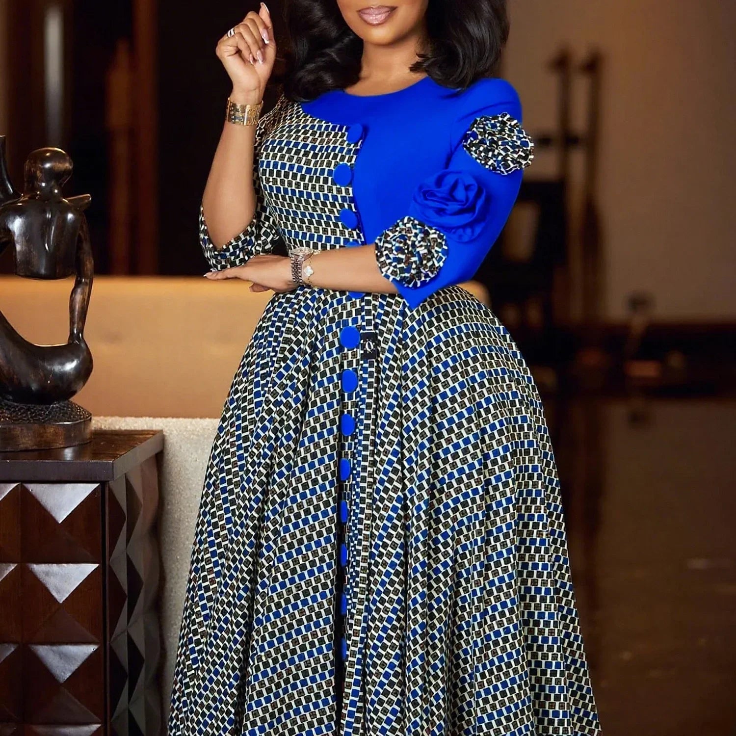 Elegant Dresses for Women O Neck Half Sleeve High Waisted Pleated Mid Calf Fashion Printed Luxury Birthday Party Dinner Dress