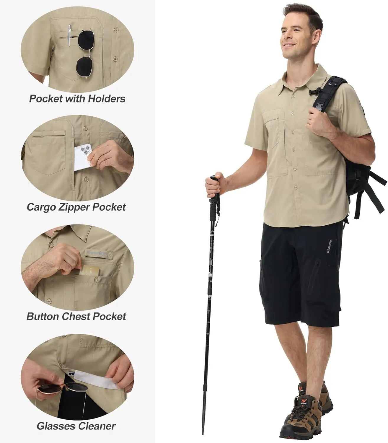 Men's Short Sleeve Lightweight Fishing Shirts, UPF 50+ Breathable Cargo Shirt, Button Down Tactical Shirts with Zip Pocket