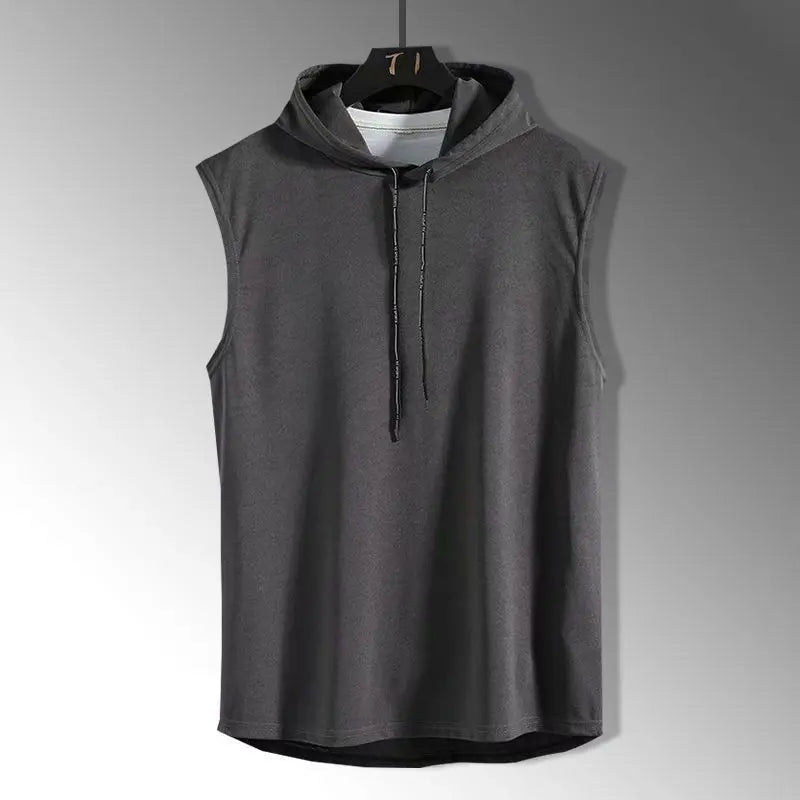 Summer men's sleeveless hooded vest, casual style solid color versatile T-shirt