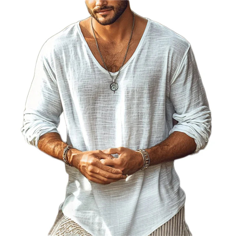 2025 Spring Summer Breathable Thin T-shirts Mens Casual Solid Color Long Sleeve Pullover Tops Men Leisure Loose V Neck T Shirt