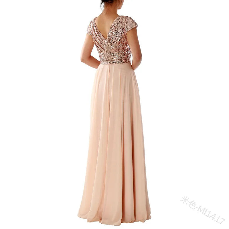 Women Formal Evening Dress Sexy Sequined V Neck Floor-length Dresses for Party Gatherings Banquets Proms Weddings Formal Events