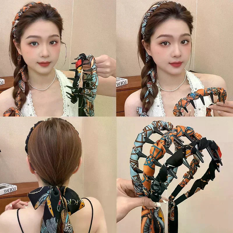 Ribbon Comb Headband, Vintage Wave Headband With Floral Ribbon & Comb - Reversible High Crown Effect Hairband