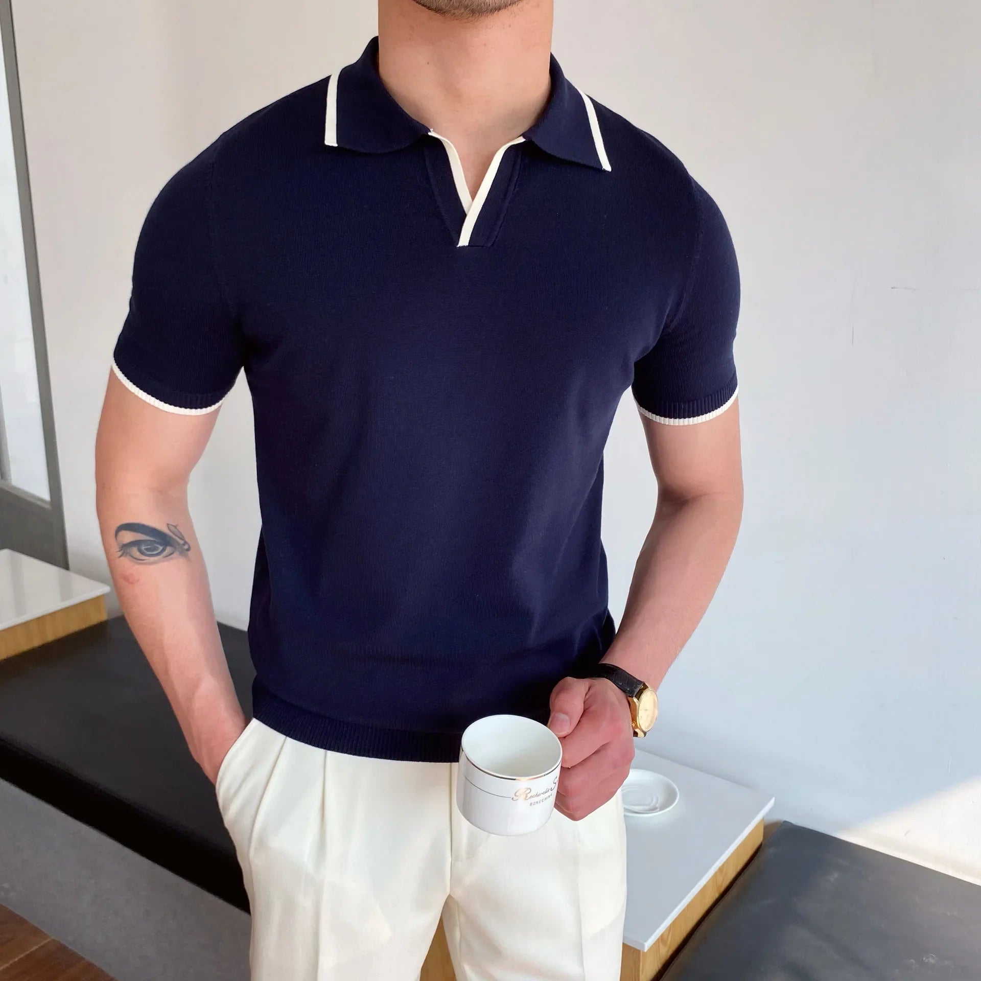 Men's Polo Shirt Elbow-Sleeved T-shirt Fashion Polo Collar Slim-Fit Men Clothing Woolen Sports Polo Tee Shirt Man Golf Shirt EUR