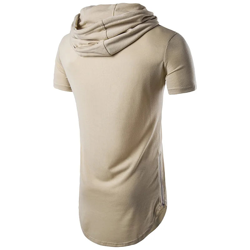 2025 Men's Summer Short Sleeve Hooded T-Shirt Solid Long Hip Hop Tops Fashion Side Zipper Streetwear Casual Sport Tees for Men