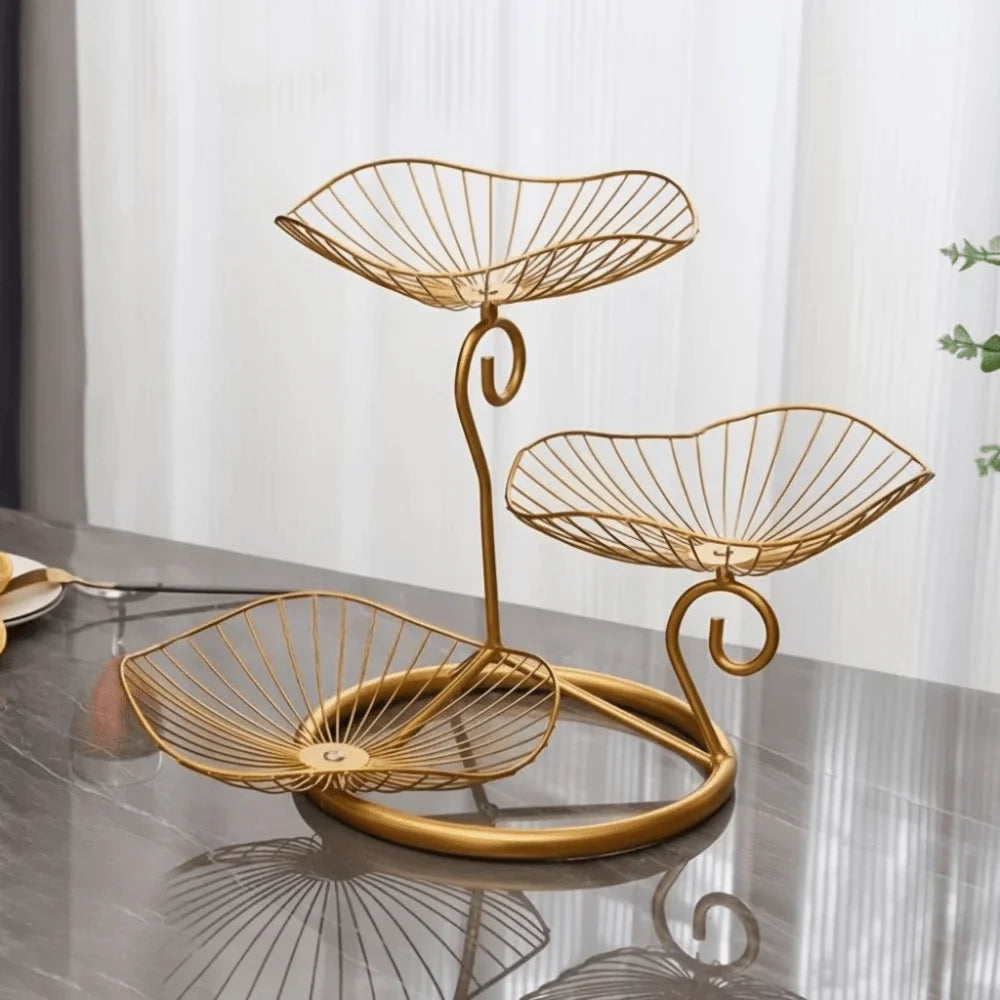Lotus Leaf Shape 3-Tier Fruit Basket Vintage Space-Saving Multi-Layer Serving Tray with Base Metal Wire Fruit Basket
