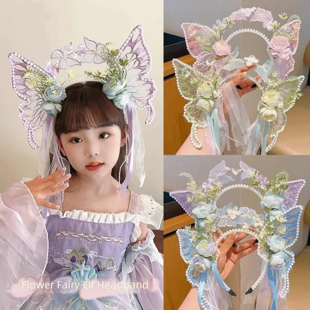 Fresh Sweet Butterfly Flowers Hairband Pearl Beads Silk Ribbon Floral Headwear Fairy Hair Jewelry Decorative Headwear Women Wear