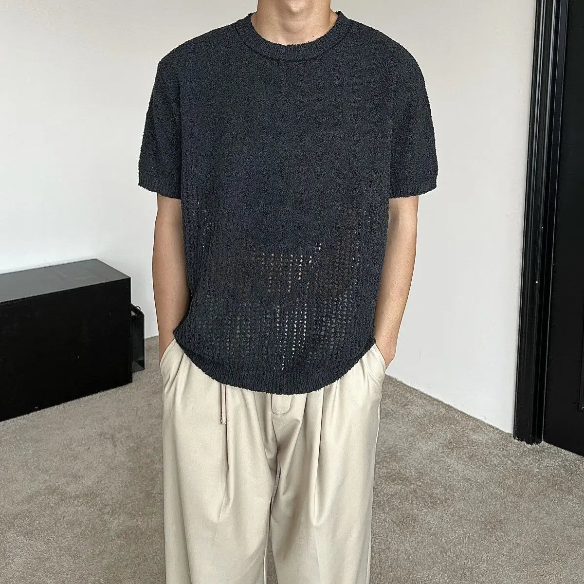 Hollow out short sleeved sweater for men and women, spring and summer new style loose and versatile knitted cardigan top