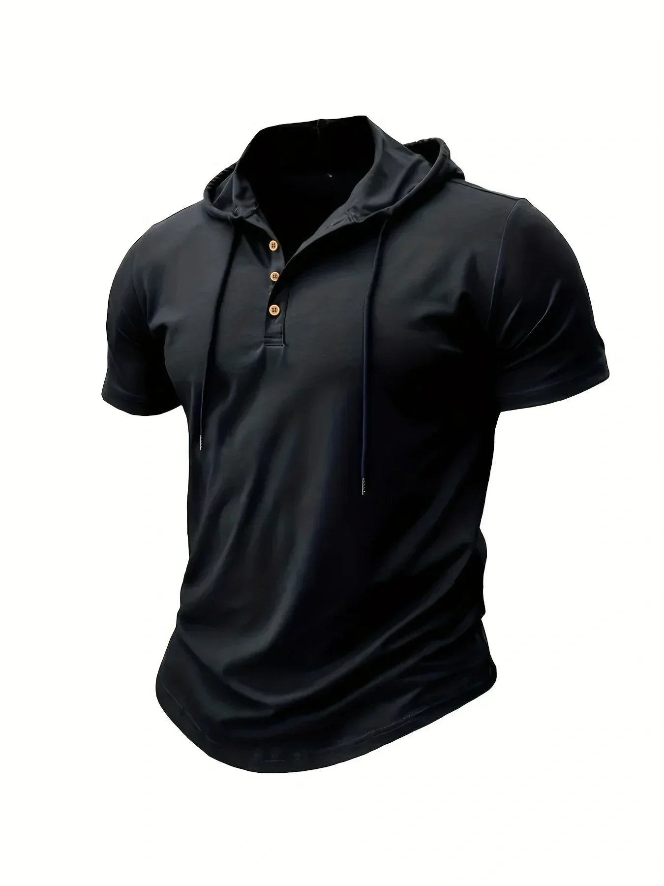 New Men Hooded T-Shirt Gym Fitness Bodybuilding Sport Hoodie Slim Solid Color Breathable Short Sleeve Muscle Henry Collar Shirt