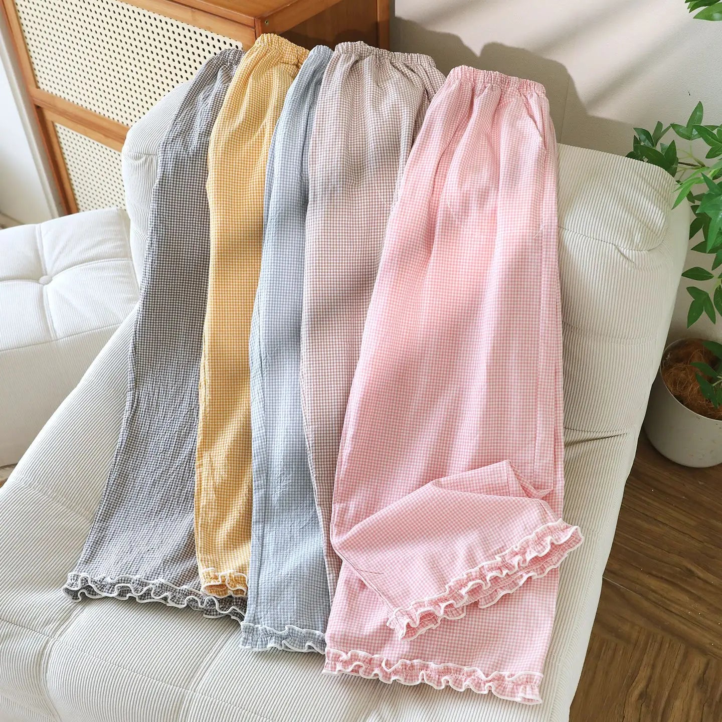 Spring and Summer Thin Loose Size Plaid Design Women's Pajama Pants Elastic Waist Casual Homewear Women Nine-point Trousers