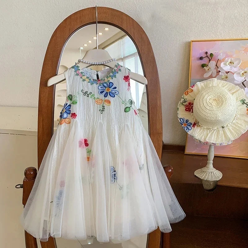 Baby Girl Princess Floral Embroidery Dress Toddler Child Elegant Ruffled Vestido Party Birthday Dress Summer Baby Clothes 1-12Y