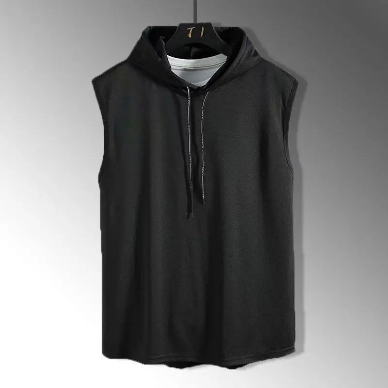 Summer men's sleeveless hooded vest, casual style solid color versatile T-shirt