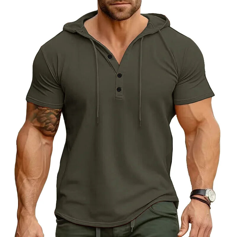 Men's Short-sleeved T-shirts for Sports and Fitness American-style Henley Shirt Hooded Top