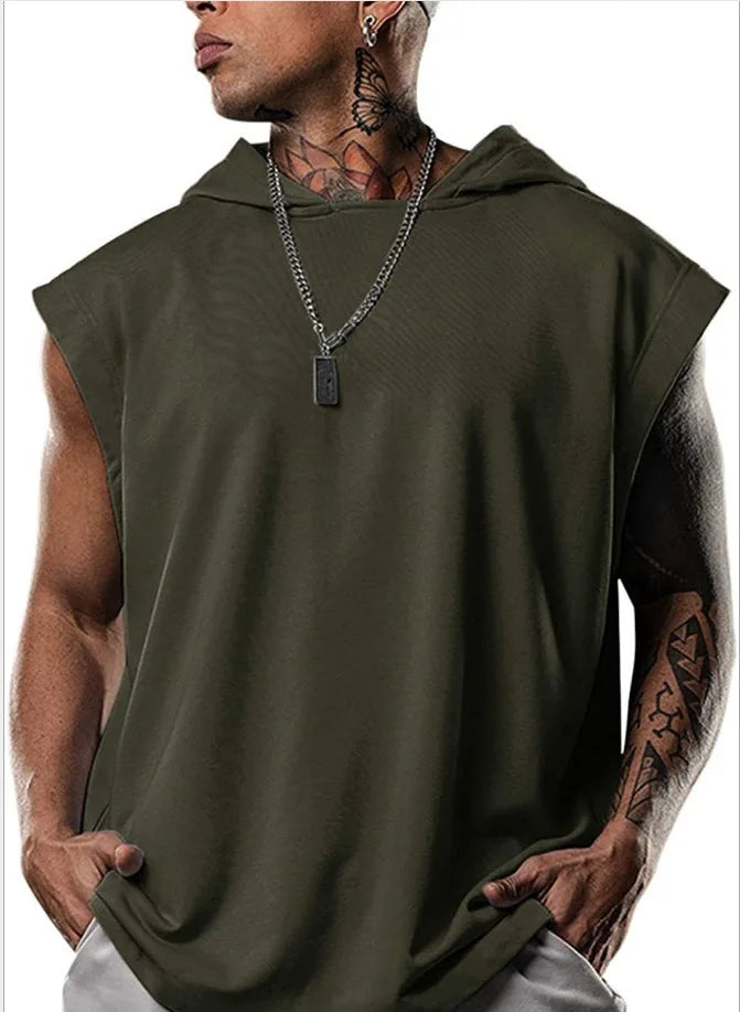 2025 Vest  Hooded Solid Color New Men's Casual Pullover Sports Men's T-shirt Sleeveless Men's Waistcoat Loose