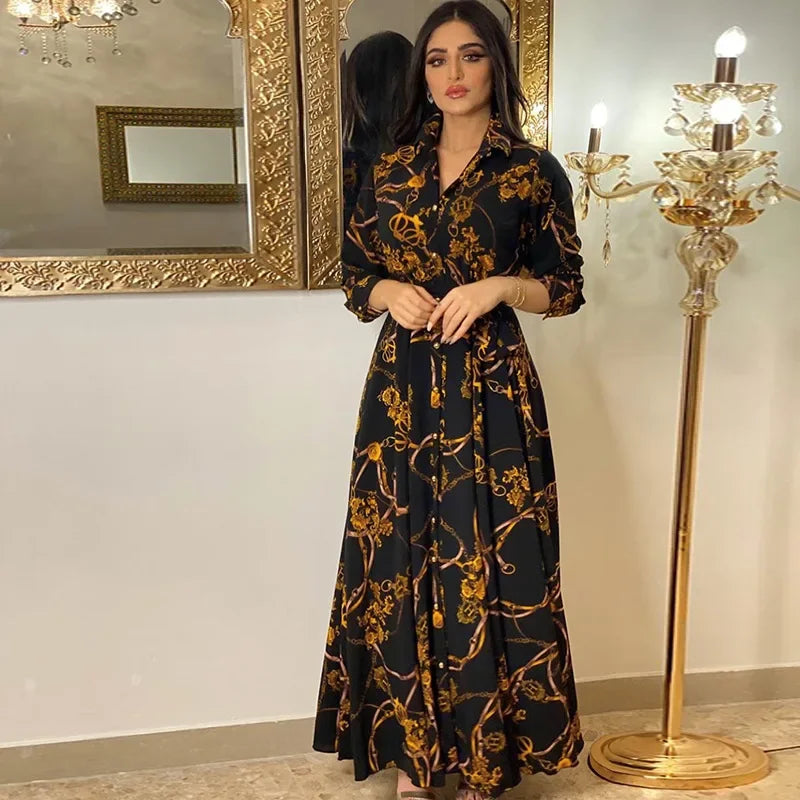 Women's Fashion  New Sexy Elegant Dress Temperament Digital Printing Long Shirt Dress Ladies Elegant Commuter Casual Dress