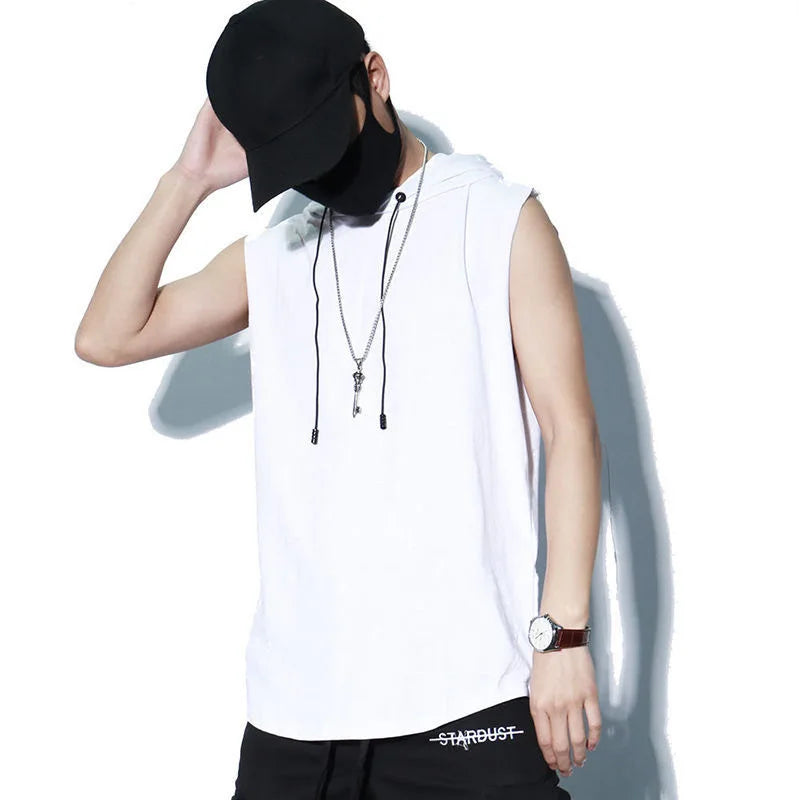 Summer men's sleeveless hooded vest, casual style solid color versatile T-shirt