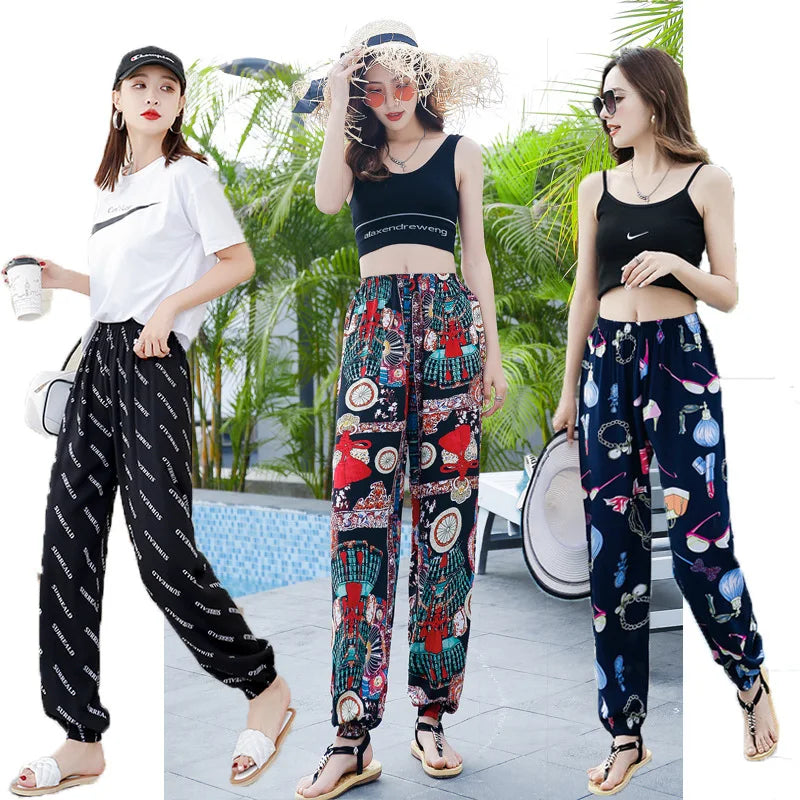 Women's Mosquito-proof Cotton Silk Beach Summer Casual Flower Pants Artificial Cotton Summer Sleeping Pants Thin Adult Bloomers