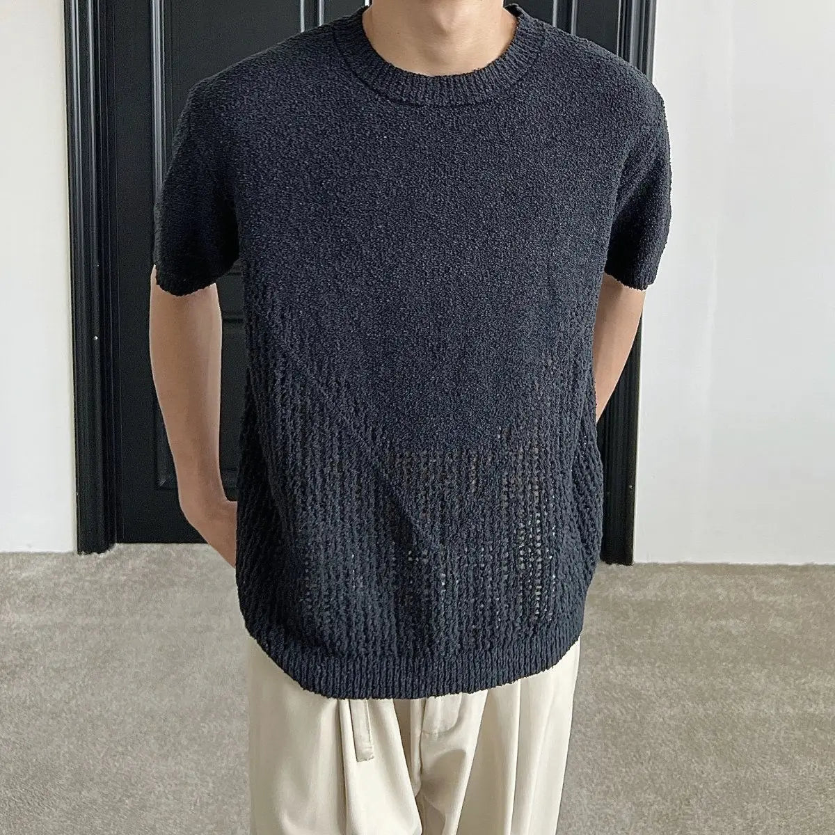 Hollow out short sleeved sweater for men and women, spring and summer new style loose and versatile knitted cardigan top