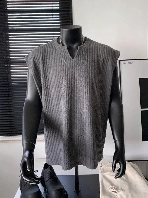 Striped Vest Men's Summer American Sleeveless V-Neck T-Shirt Textured Solid Fitness Sweatshirt