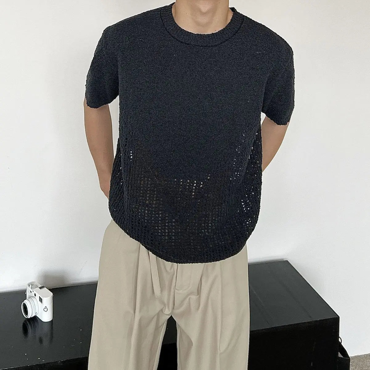 Hollow out short sleeved sweater for men and women, spring and summer new style loose and versatile knitted cardigan top