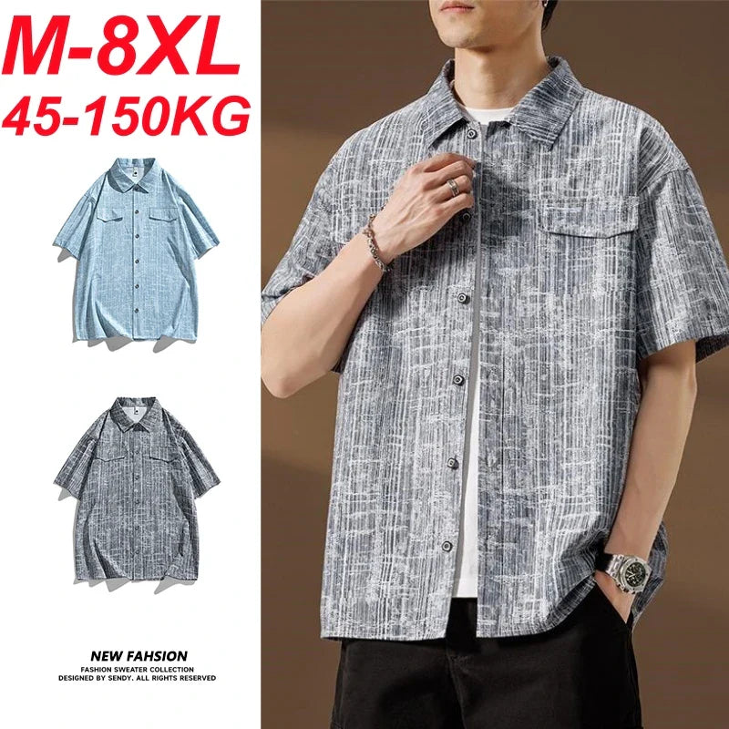 Men Shirt Short Sleeve Stripe Summer Hip Hop Oversize 6XL 7XL 8XL Plus Size Casual Plaid Streetwear Loose Pocket High Quality