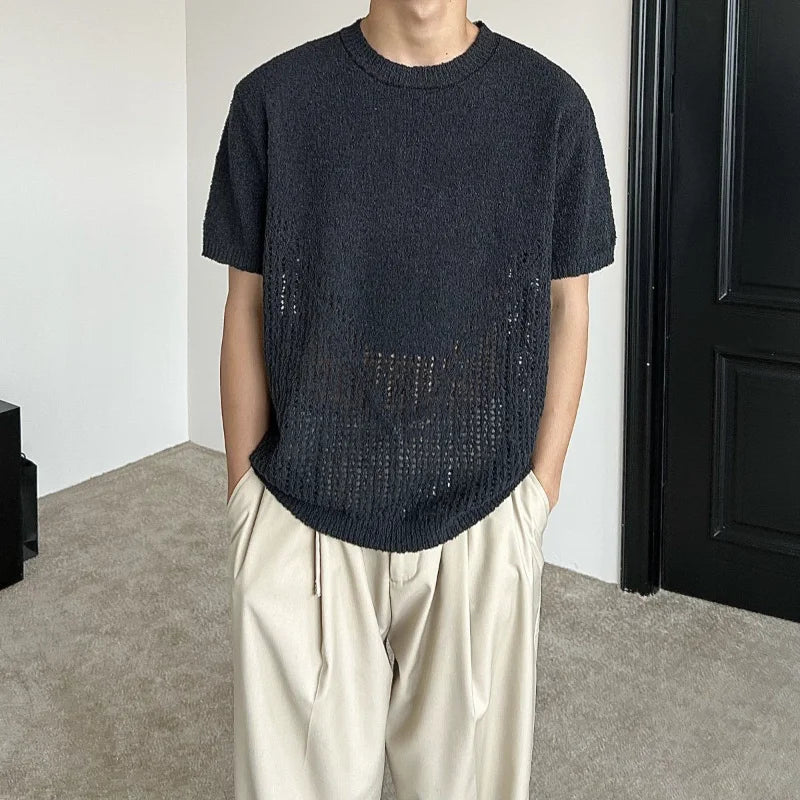 Hollow out short sleeved sweater for men and women, spring and summer new style loose and versatile knitted cardigan top