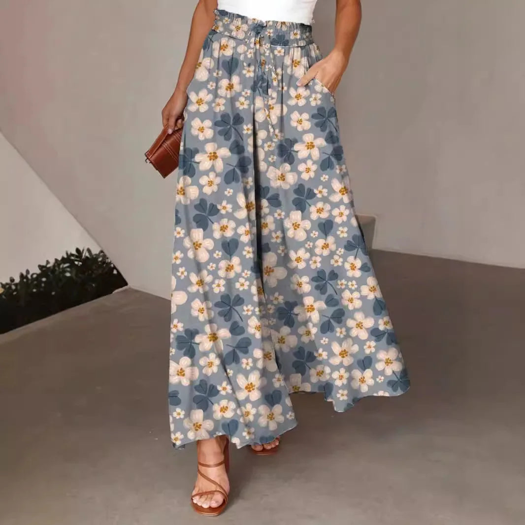 Pant Women Wide Leg Long Pants Print Floral Elastic Waist Straight Trousers  Streetwear Elegant Maxi Capris Loose Summer