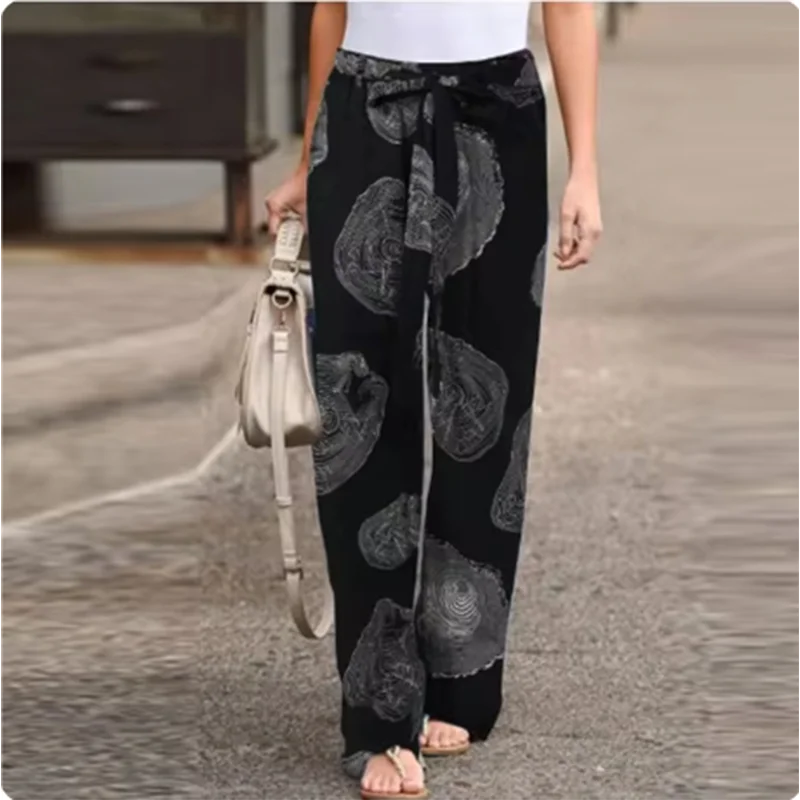 Women's Vintage Casual Printed Art Pants Pocket Strap Straight Leg Loose Comfortable Pants