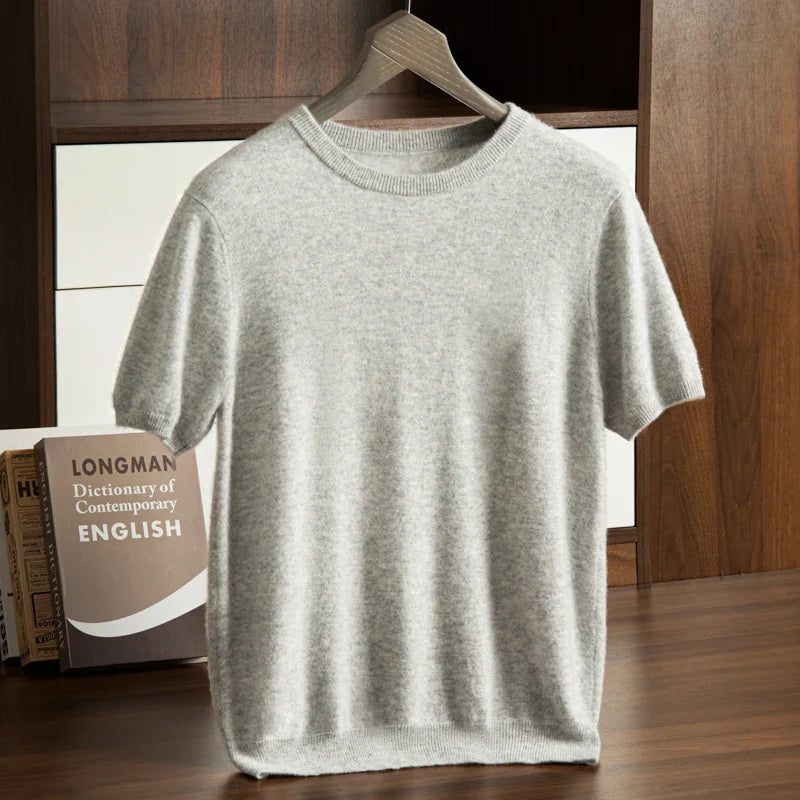 Men's T-shirt spring/Summer New Item 100% Cashmere Short Sleeved Men's Round Neck Knitted Pullover Vest Casual Men's Clothing