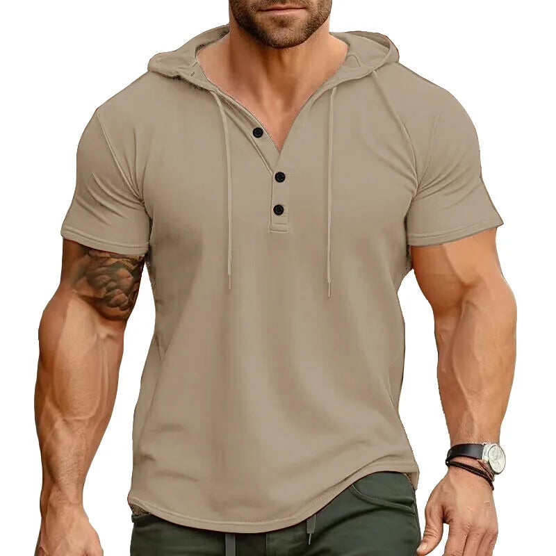 Men's Short-sleeved T-shirts for Sports and Fitness American-style Henley Shirt Hooded Top