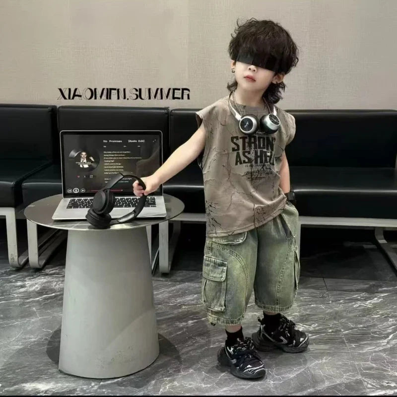 Kids Boy New Outfit Set Korean Children's Summer Clothing Denim Shorts +Thin Tie Dye Vest Sleeveless T-shirt 2-piece Set