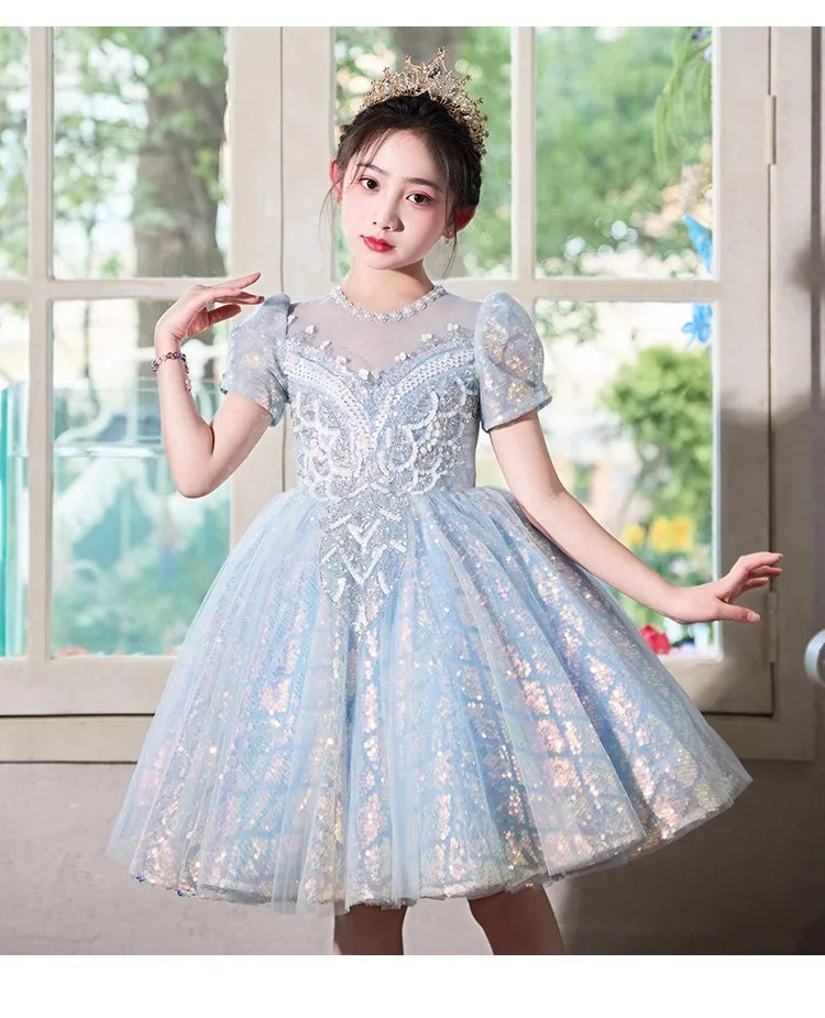 Party Dress Blue Girls Puffy Princess Dresses New Kids Gown Birthday Host Piano Recital Outfit Pageant Performance Formal Wear