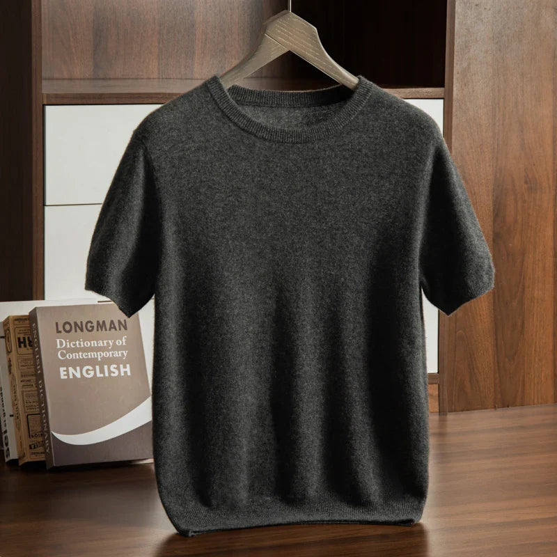 Men's T-shirt spring/Summer New Item 100% Cashmere Short Sleeved Men's Round Neck Knitted Pullover Vest Casual Men's Clothing