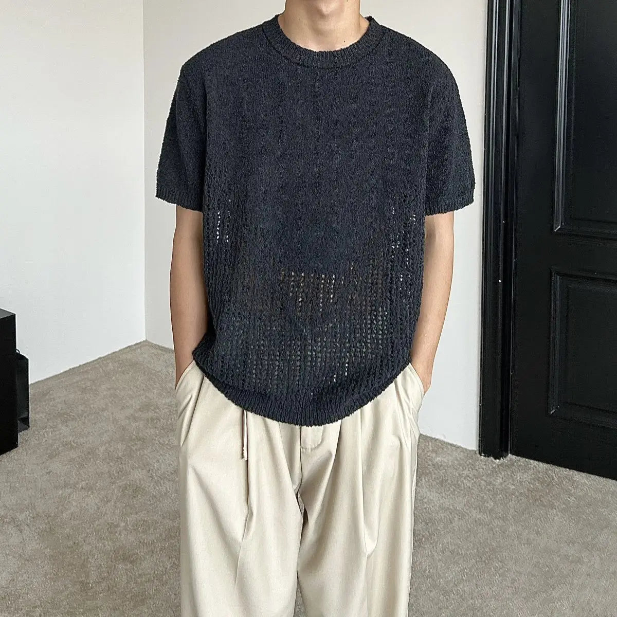 Hollow out short sleeved sweater for men and women, spring and summer new style loose and versatile knitted cardigan top