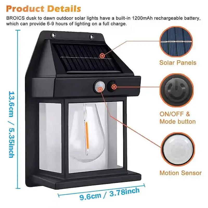Outdoor Solar Tungsten Wall Light with Motion Sensor IP65 Waterproof LED Safety Light for Patio Outdoor Deck Porch Barn Garage