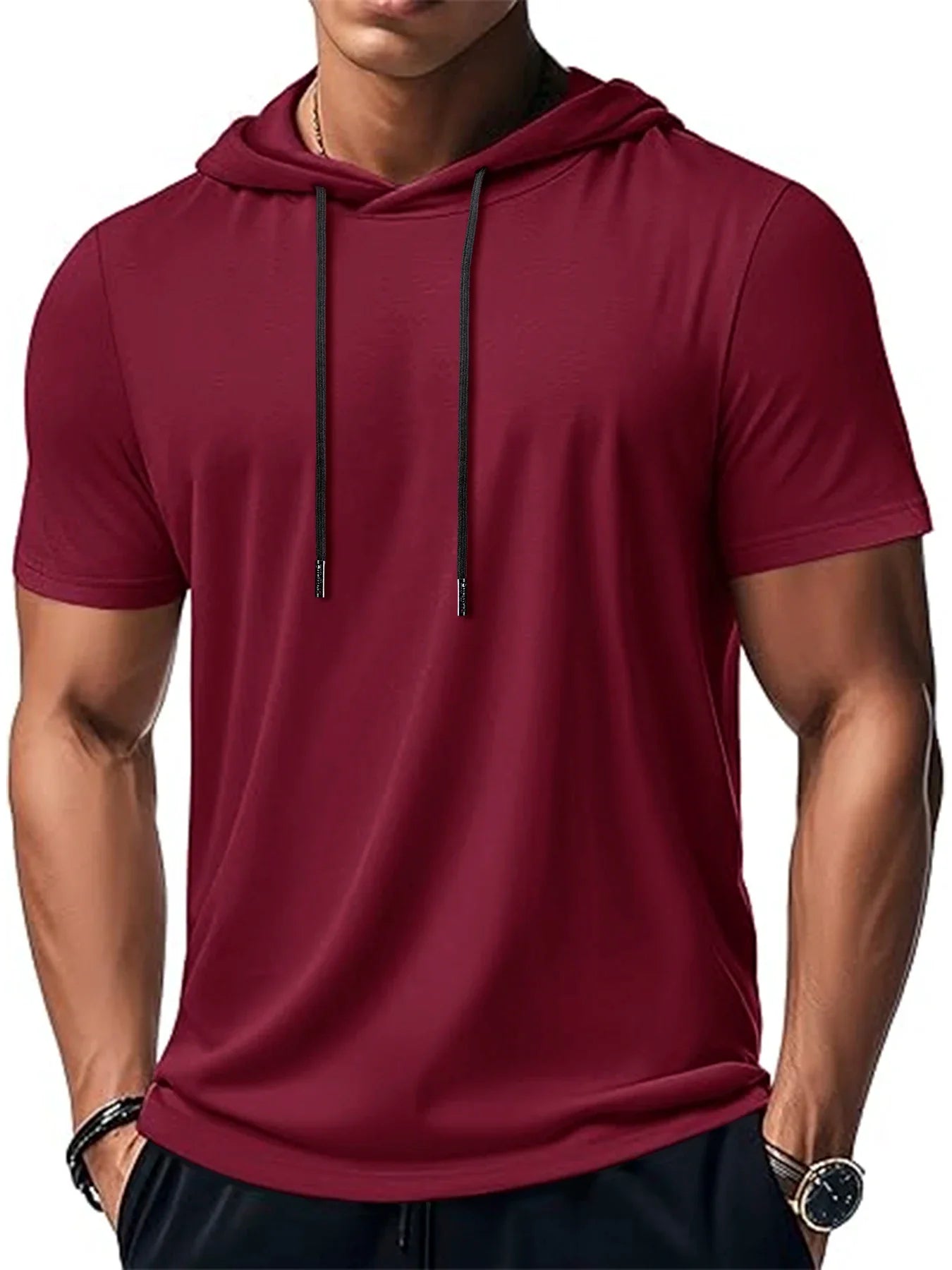 New Mens Short Sleeve Loose T-shirt Multi Solid Color Lightweight Hoodie Fitness Breathable Collar Tops Summer Hooded Sweatwear