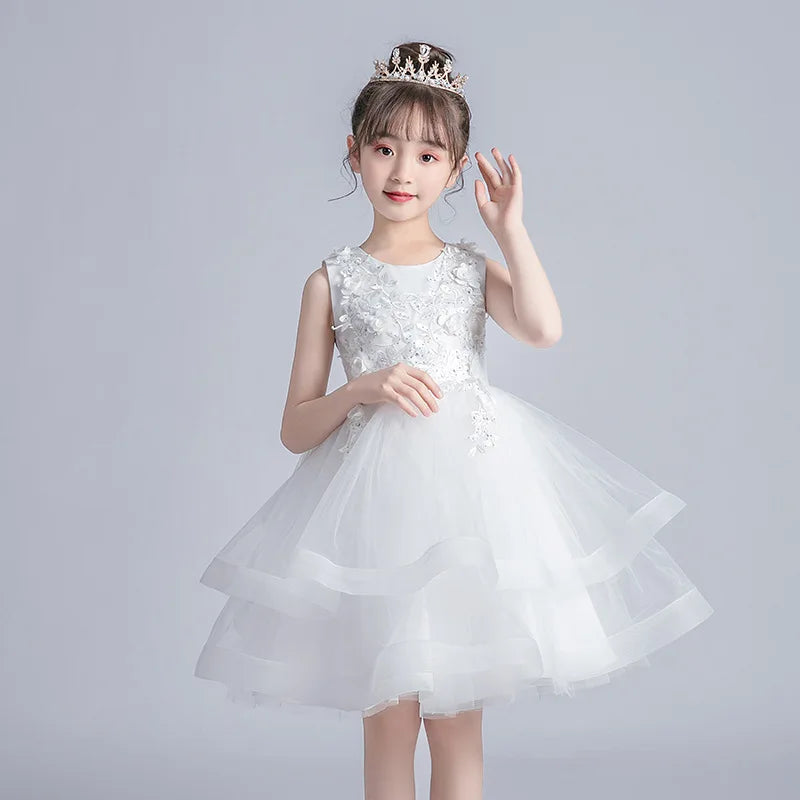 Kids Girls Layered Dress  Elegant Flower Girl Dresses for Wedding Birthday Party Children Festival Ball Gown