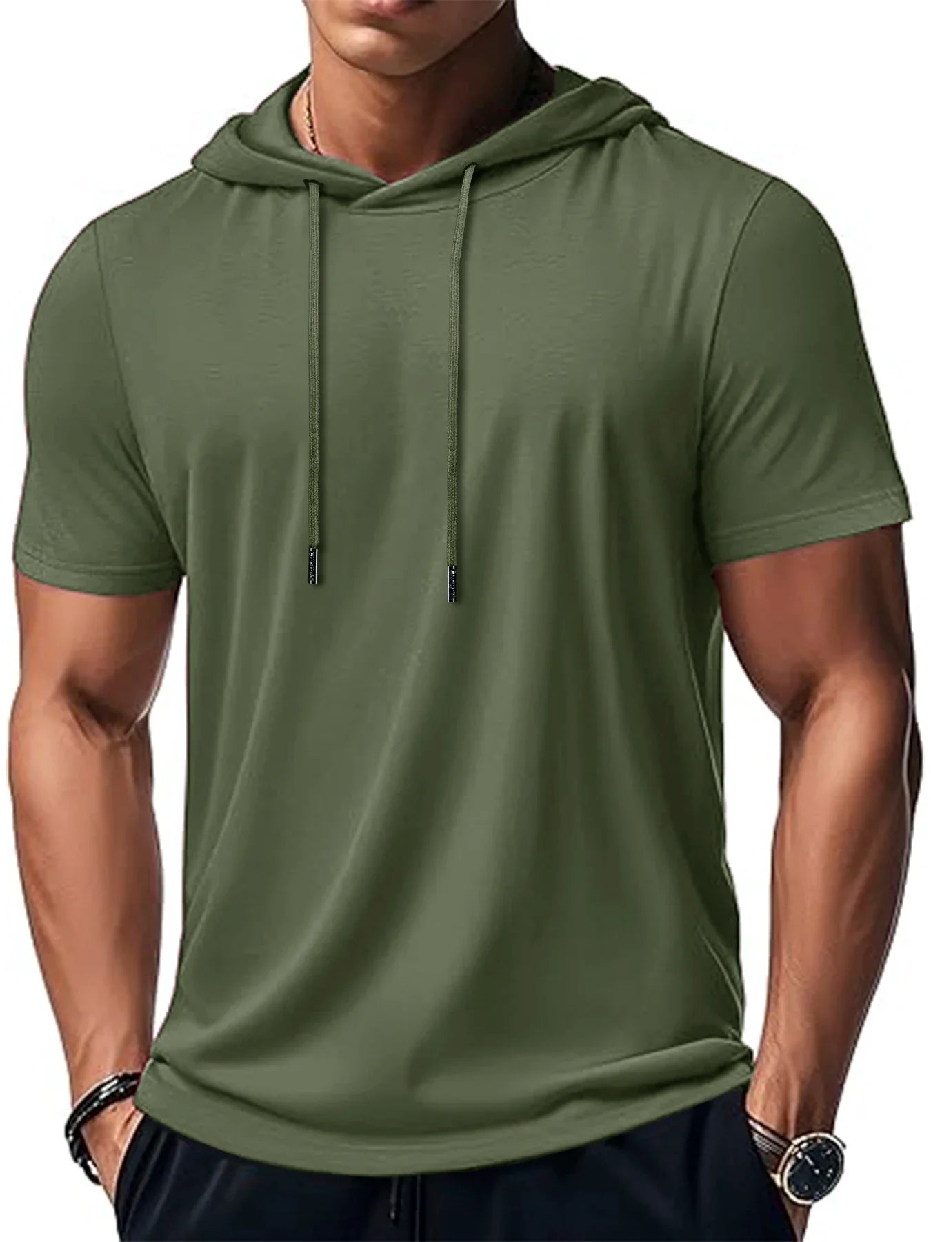 New Mens Short Sleeve Loose T-shirt Multi Solid Color Lightweight Hoodie Fitness Breathable Collar Tops Summer Hooded Sweatwear