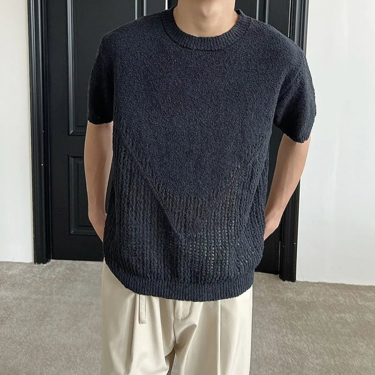 Hollow out short sleeved sweater for men and women, spring and summer new style loose and versatile knitted cardigan top