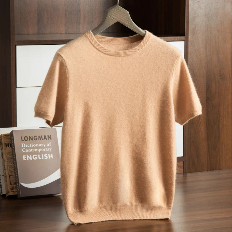 Men's T-shirt spring/Summer New Item 100% Cashmere Short Sleeved Men's Round Neck Knitted Pullover Vest Casual Men's Clothing