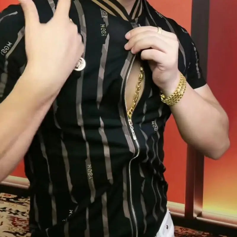 Men's New Summer T-shirt Zipper Short-sleeved Cardigan Sweater Round Neck Fashionable and Handsome Top Thin