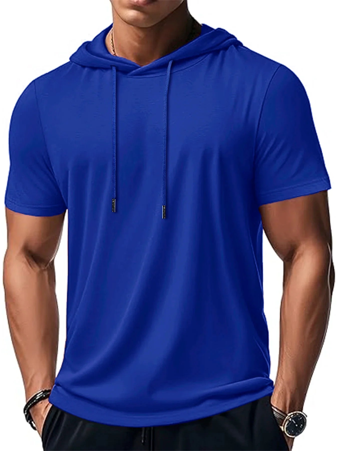 New Mens Short Sleeve Loose T-shirt Multi Solid Color Lightweight Hoodie Fitness Breathable Collar Tops Summer Hooded Sweatwear