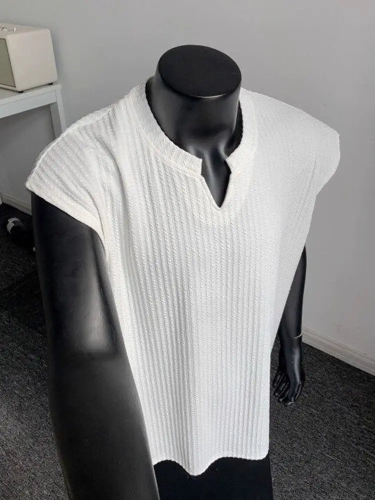Striped Vest Men's Summer American Sleeveless V-Neck T-Shirt Textured Solid Fitness Sweatshirt