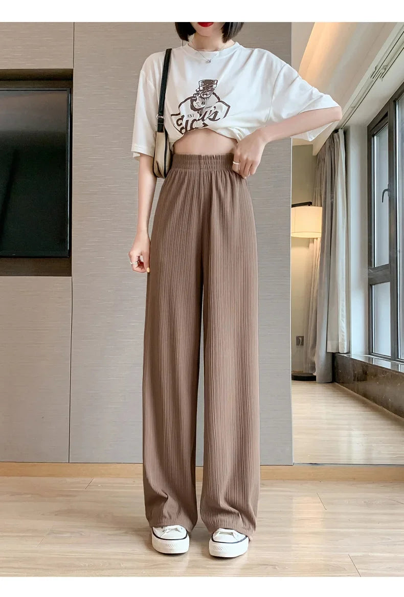 Korea Dongdaemun Ice Silk Wide-leg Pants Women's Thin Slimming Floor Pants White Striped Pants Y2K Fashion Pants Baggy