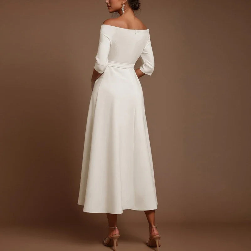 Elegant Party Dresses For Women One Shoulder Half Sleeve High Waisted A-Line Long Dress Women Offfice Dress White